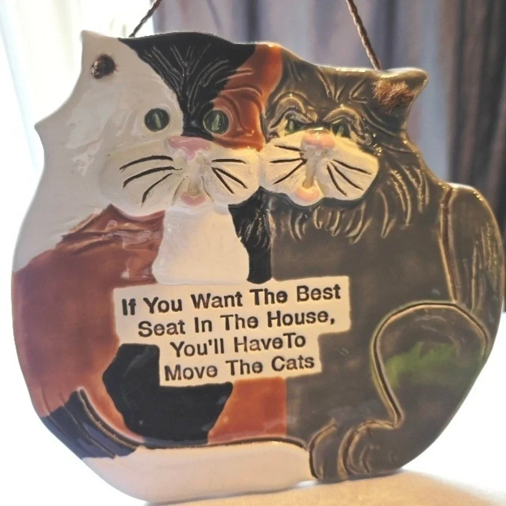 Vintage Green Eye Cats Wall Plaque Humorous Quote Smokey‎ Mountain Pottery 1993